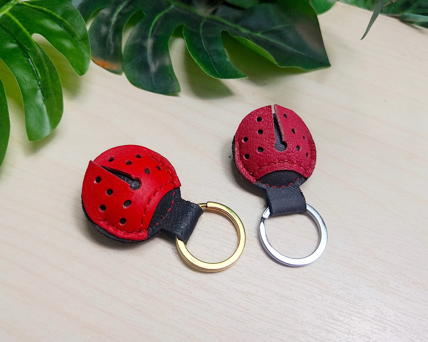 Cute Mini Genuine Leather & Wood Miniature Keychain Ring Handcrafted