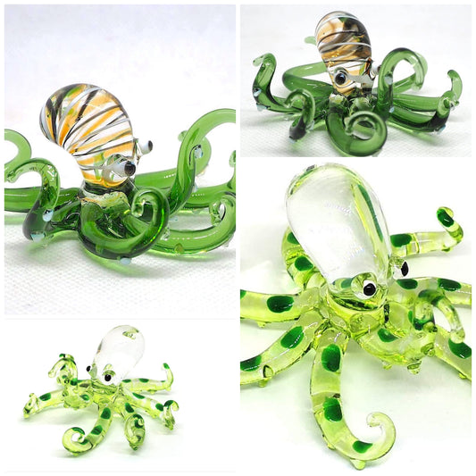 Glass Sea Octopus Figurine Green Miniature Hand Blown Coastal Style Home Decor Gift Collectible