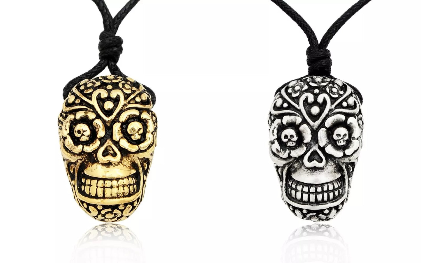 Sugar Skull Handmade Gold Brass Silver Pewter Necklace Pendant Jewelry