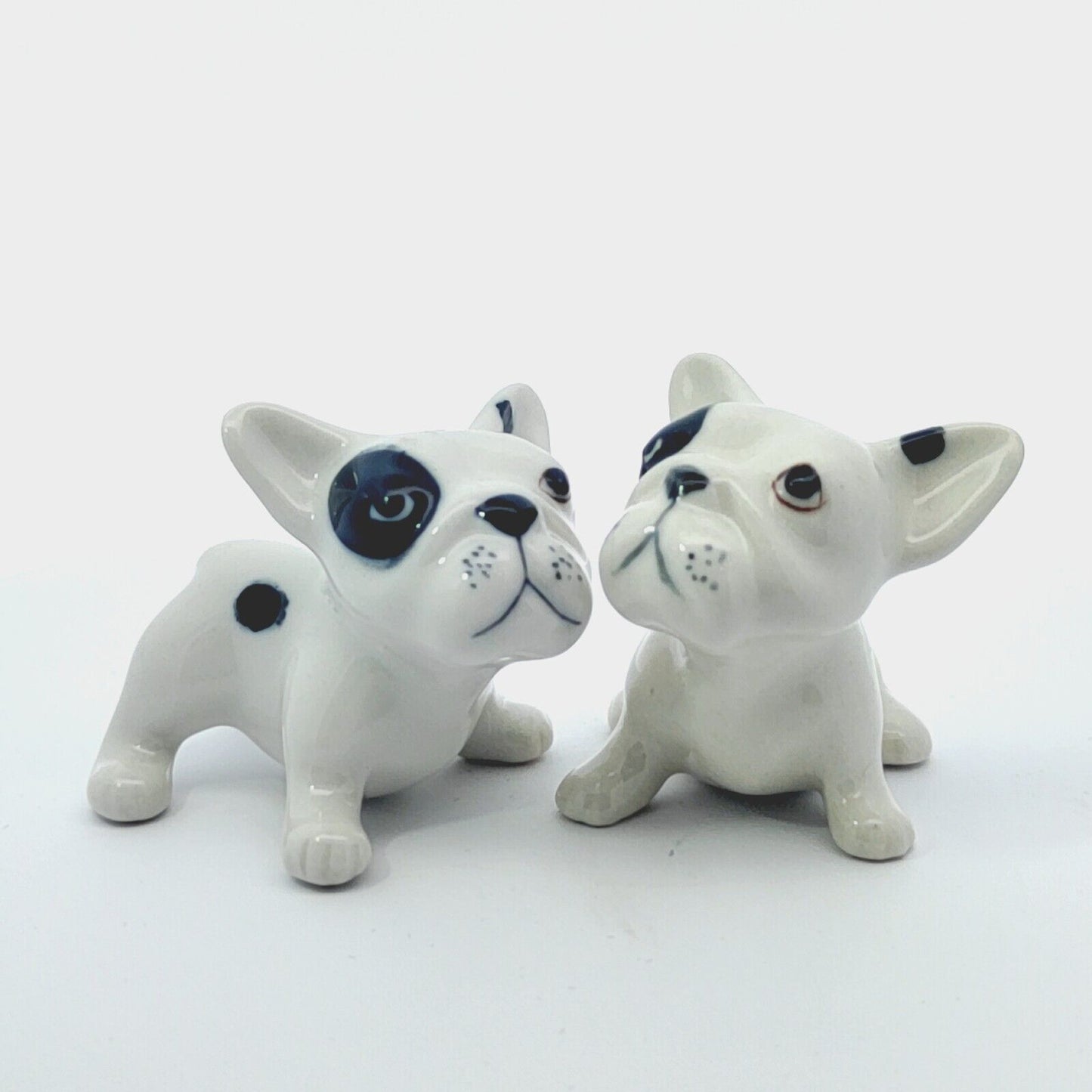 2 French Bulldog Porcelin Ceramic Miniature Figurine Collectible Dog Puppy Decor