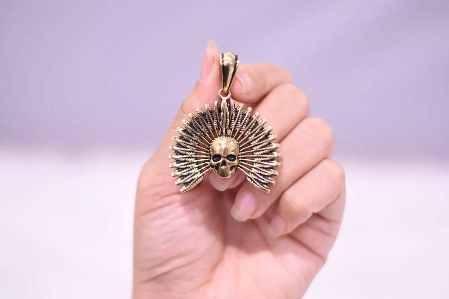 Indian Gothic Skull With Feather Headdress Gold Brass Necklace Pendant Jewelry