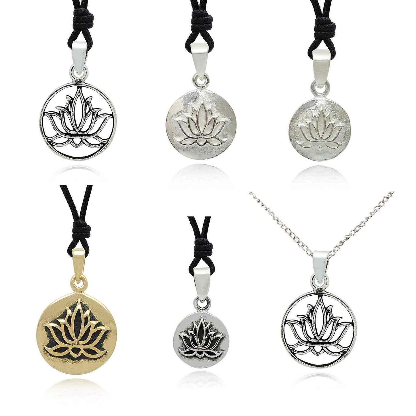 Lotus 92.5 Sterling Silver Pewter Brass Round Charm Necklace Pendant Jewelry