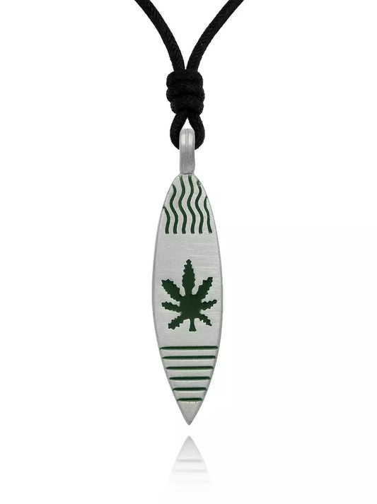 Marijuana Leaf Surfboard Silver Pewter Charm Necklace Pendant Jewelry