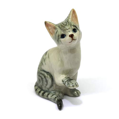 Collectible Ceramic Tabby Cat Figurine Gray Collectible Dollhouse Miniatures Gift for Cat Lovers