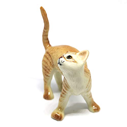 Ceramic Cat Figurine Collectible Stretching Brown Kitty Hand Painted Animal Miniature Home Decor