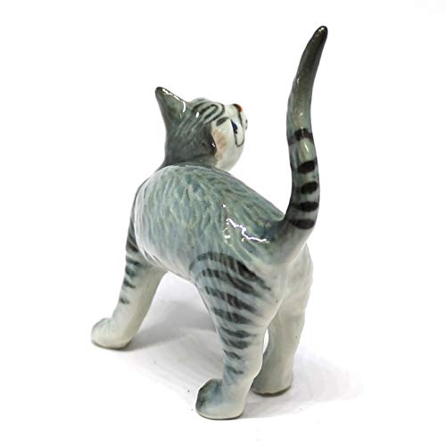 Ceramic Cat Figurine Miniatures Stretching Gray Pet Lovers Collectibles Hand Painted Animal Poecelain