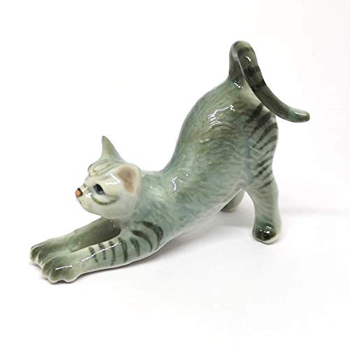 Collectible Gray & Brown Yoga Cat Figurine Ceramic Hand-Painted Home Decor