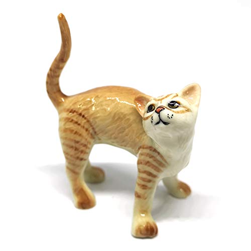 Ceramic Cat Figurine Collectible Stretching Brown Kitty Hand Painted Animal Miniature Home Decor