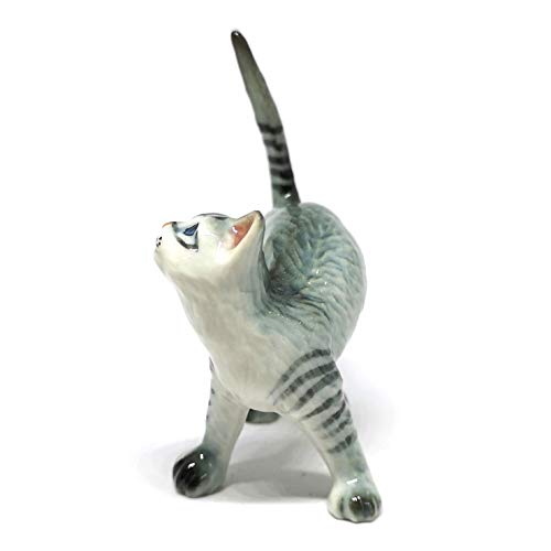 Ceramic Cat Figurine Miniatures Stretching Gray Pet Lovers Collectibles Hand Painted Animal Poecelain