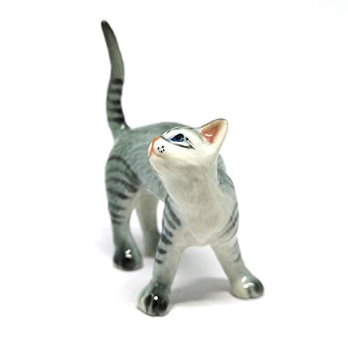 Ceramic Cat Figurine Miniatures Stretching Gray Pet Lovers Collectibles Hand Painted Animal Poecelain