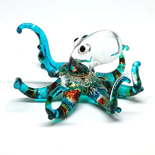 Sea Octopus Glass Figurine Ornament Decor Gift Miniature Hand Blown Blue Coastal Style Home Collectible