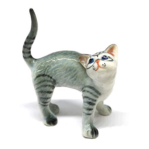 Ceramic Cat Figurine Miniatures Stretching Gray Pet Lovers Collectibles Hand Painted Animal Poecelain