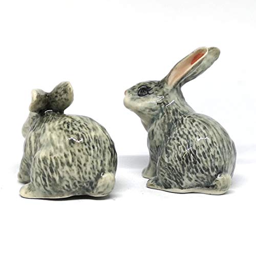 Gray Rabbits Ceramic Figurine Bunny Statue Hand Painted Porcelain Collectible Set of 2