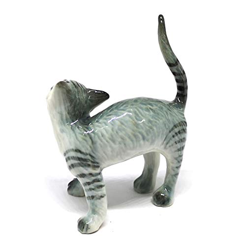 Ceramic Cat Figurine Miniatures Stretching Gray Pet Lovers Collectibles Hand Painted Animal Poecelain