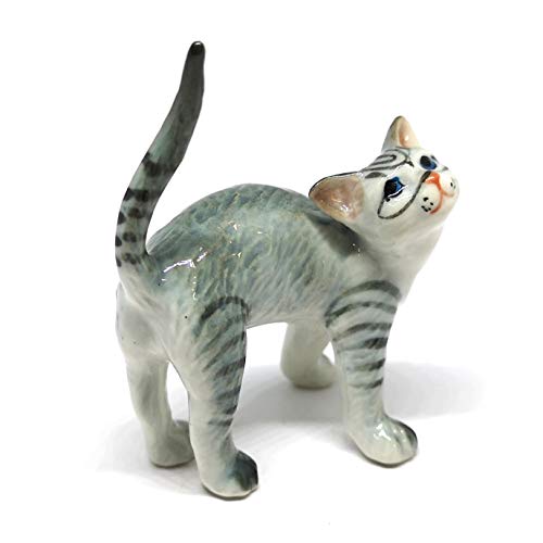 Ceramic Cat Figurine Miniatures Stretching Gray Pet Lovers Collectibles Hand Painted Animal Poecelain