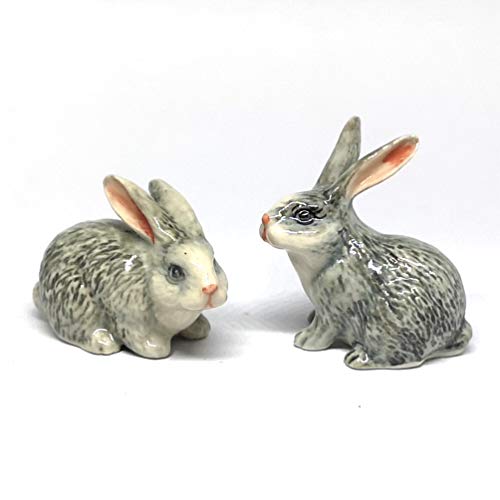 Gray Rabbits Ceramic Figurine Bunny Statue Hand Painted Porcelain Collectible Set of 2