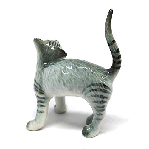 Ceramic Cat Figurine Miniatures Stretching Gray Pet Lovers Collectibles Hand Painted Animal Poecelain