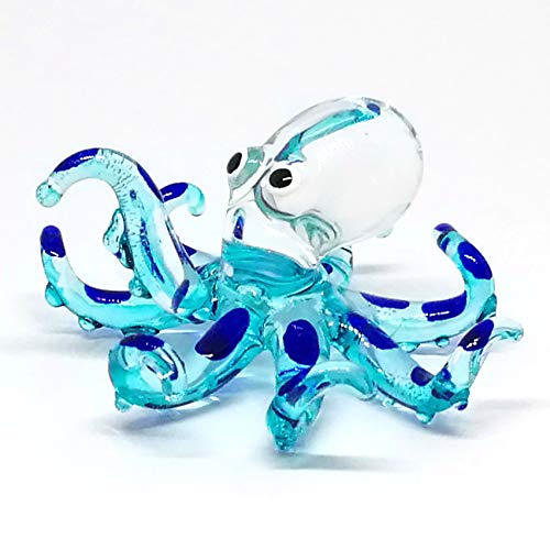 Glass Sea Octopus Figurine Blue Miniature Hand Blown Coastal Style Home Decor Gift Collectible