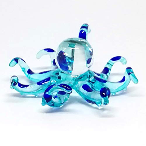 Glass Sea Octopus Figurine Blue Miniature Hand Blown Coastal Style Home Decor Gift Collectible