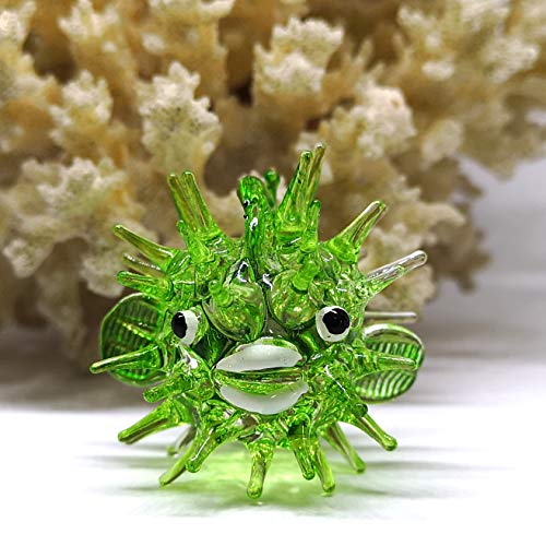 Blown Glass Figurines Green Puffer Fish Tiny Aquarium Miniature Handmade Decor