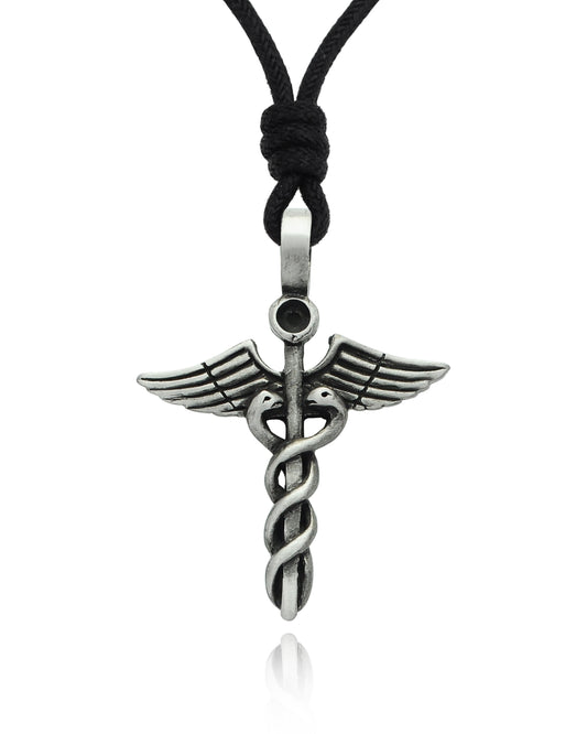 Caduceus Design Silver Pewter Charm Necklace Pendant Jewelry