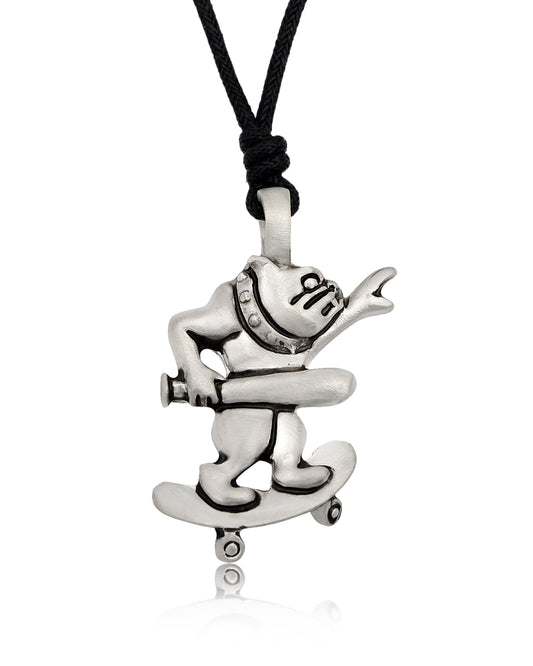 New Bulldog On Skateboard Silver Pewter Charm Necklace Pendant Jewelry