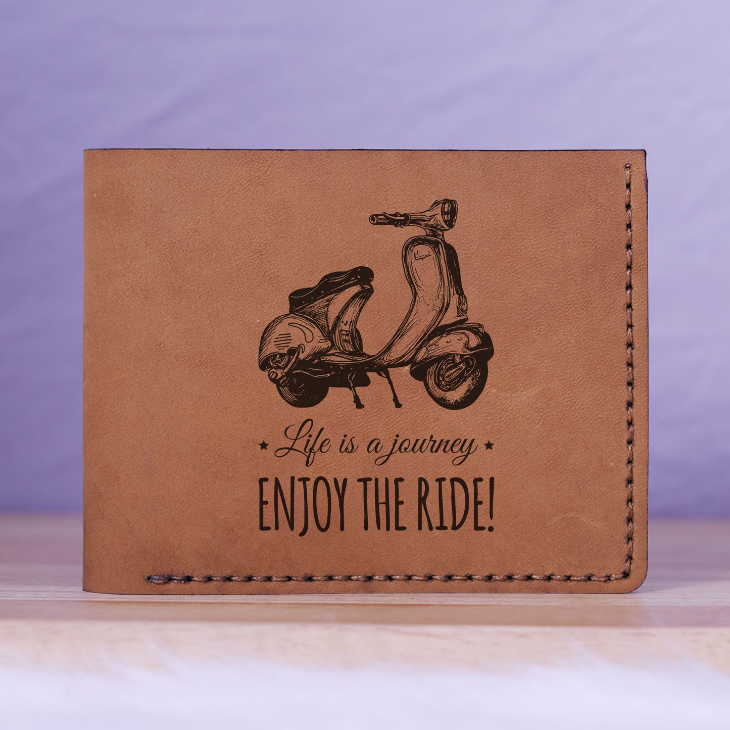 Men's Hand Drawn Retro Scooter Genuine Leather Blocking Bifold Wallet MHLT_01_BRN