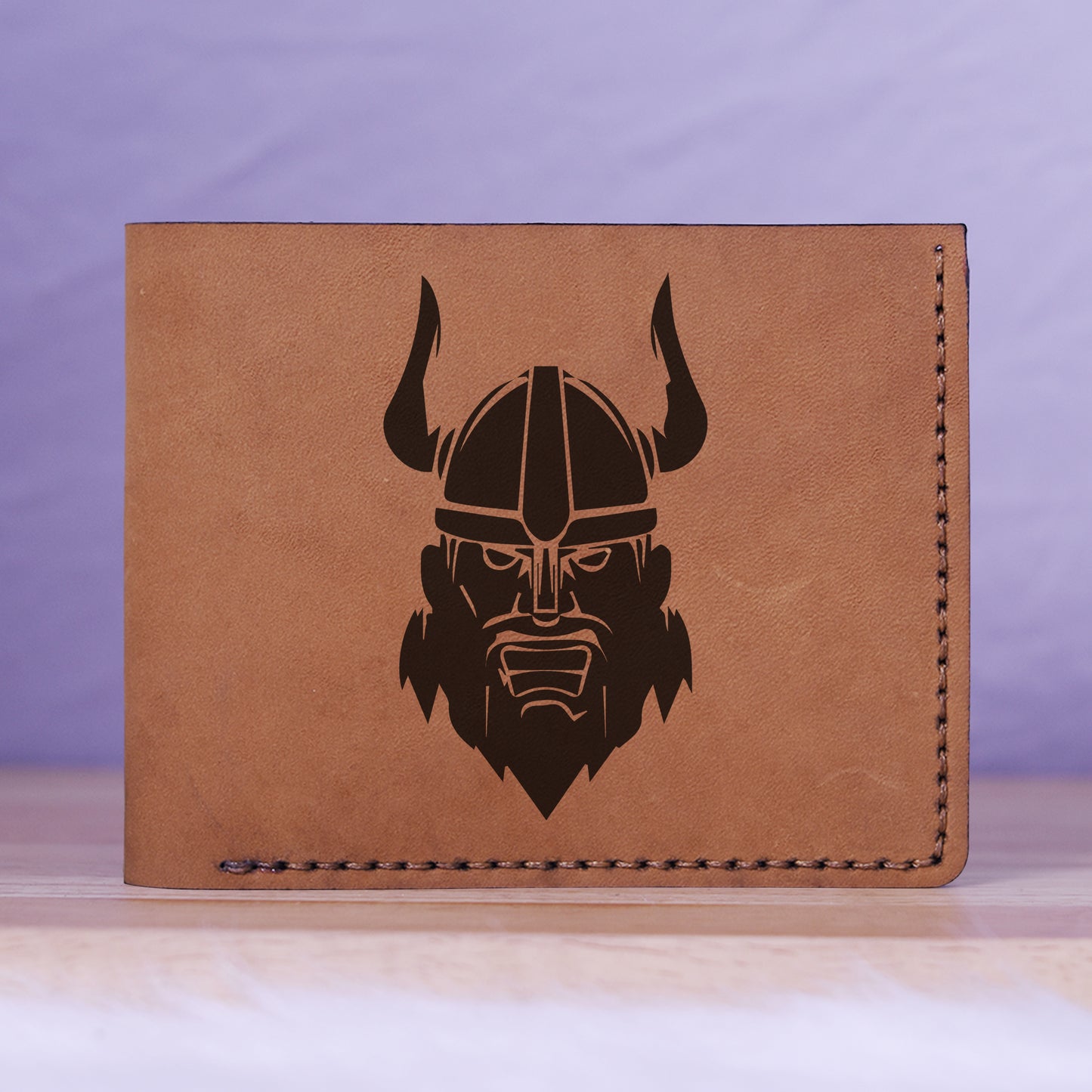 Men's Viking Head Natural Genuine Leather Blocking Bifold Wallet MHLT_01_BRN