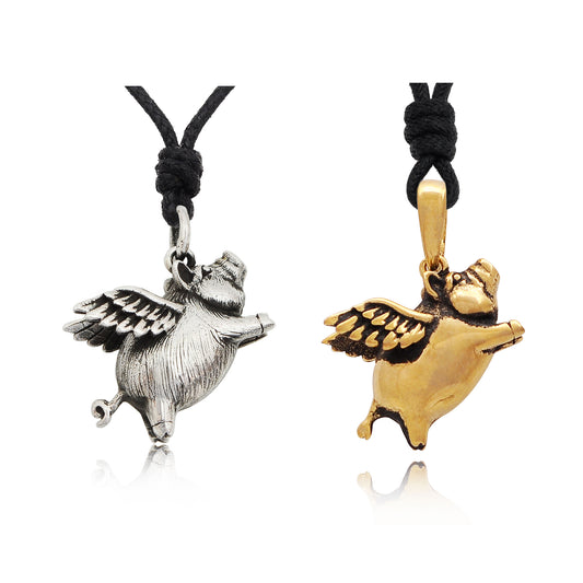 Flying Pig With Hog Wings 92.5 Sterling Silver Gold Brass Charm Necklace Pendant Jewelry