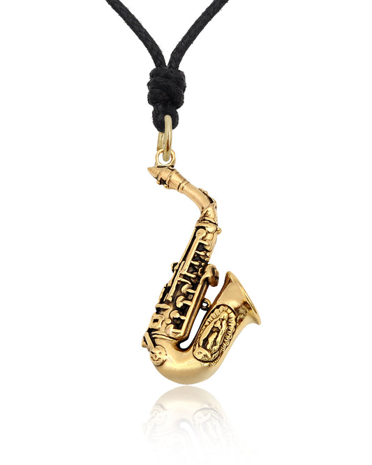 Saxophone Music Instrument Handmade Gold Brass Necklace Pendant Jewelry