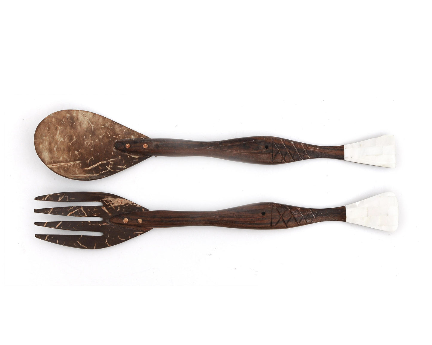 Myanmar Coconut Shell Salad Fork & Spoon With Fish Shaped Mother of Pearl Handle